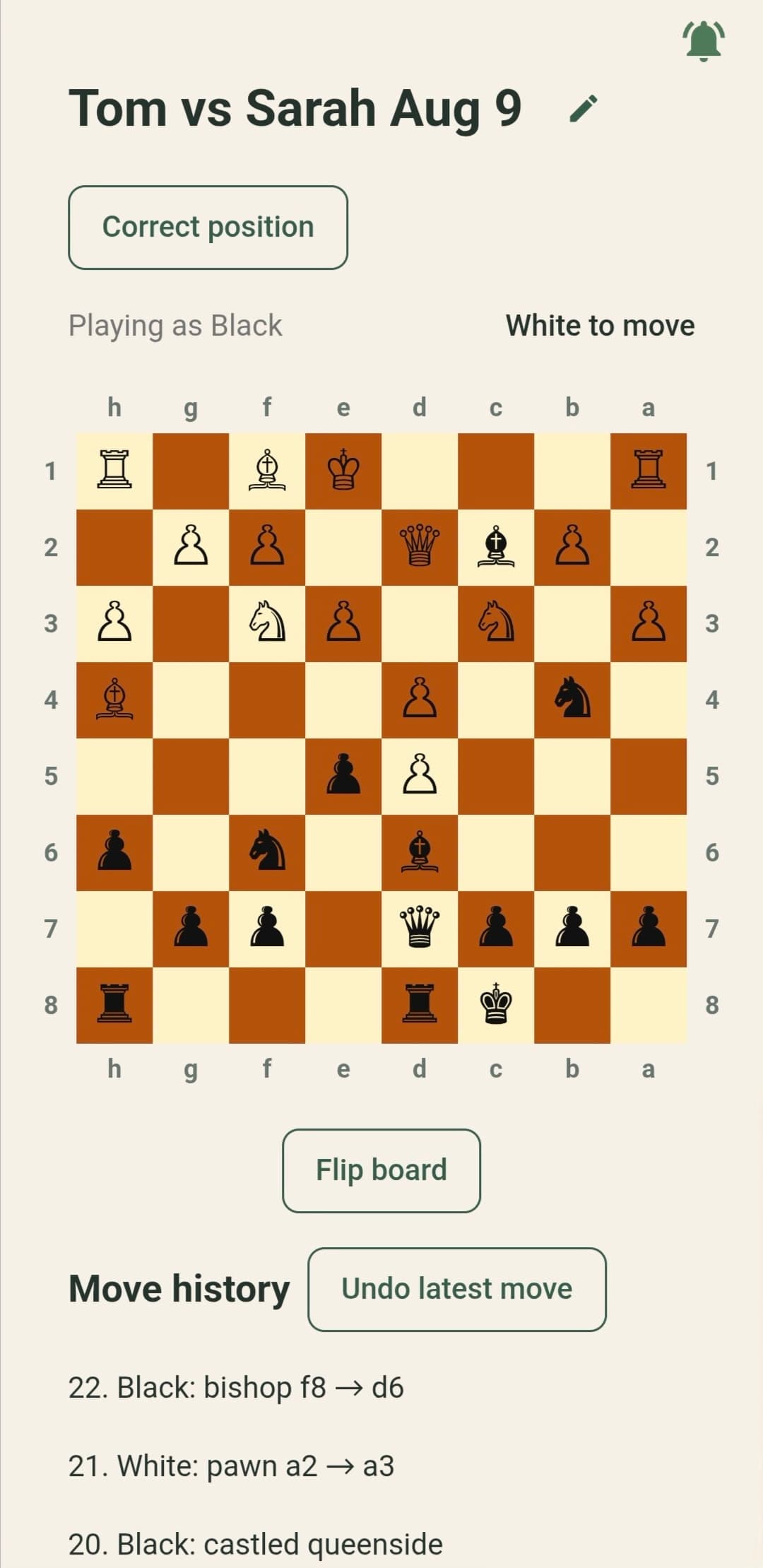 Board Between Us showing a mid-game chess position and recent move history