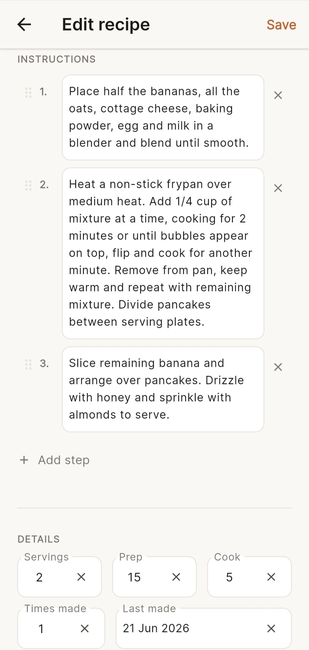 Crumbs Edit Recipe screen showing an extracted recipe ready for review