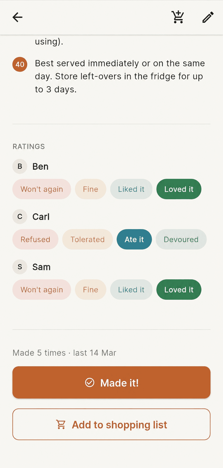Crumbs showing separate recipe ratings from household members