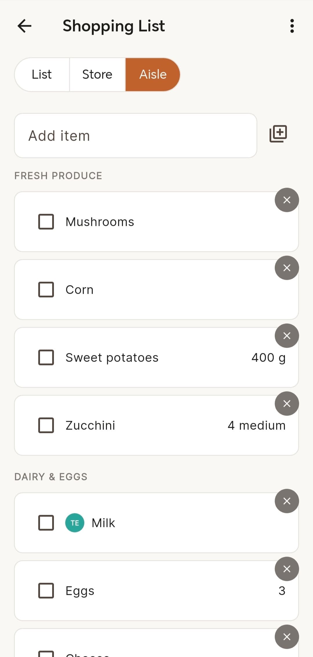 Crumbs shared shopping list grouped by supermarket aisle