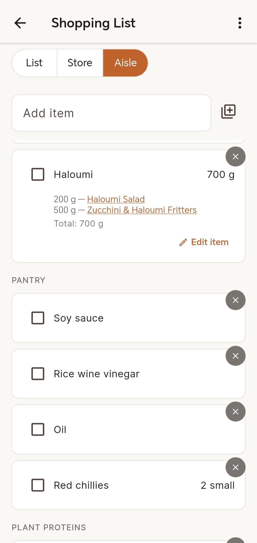 Expanded Crumbs shopping-list item showing its merged recipe contributions