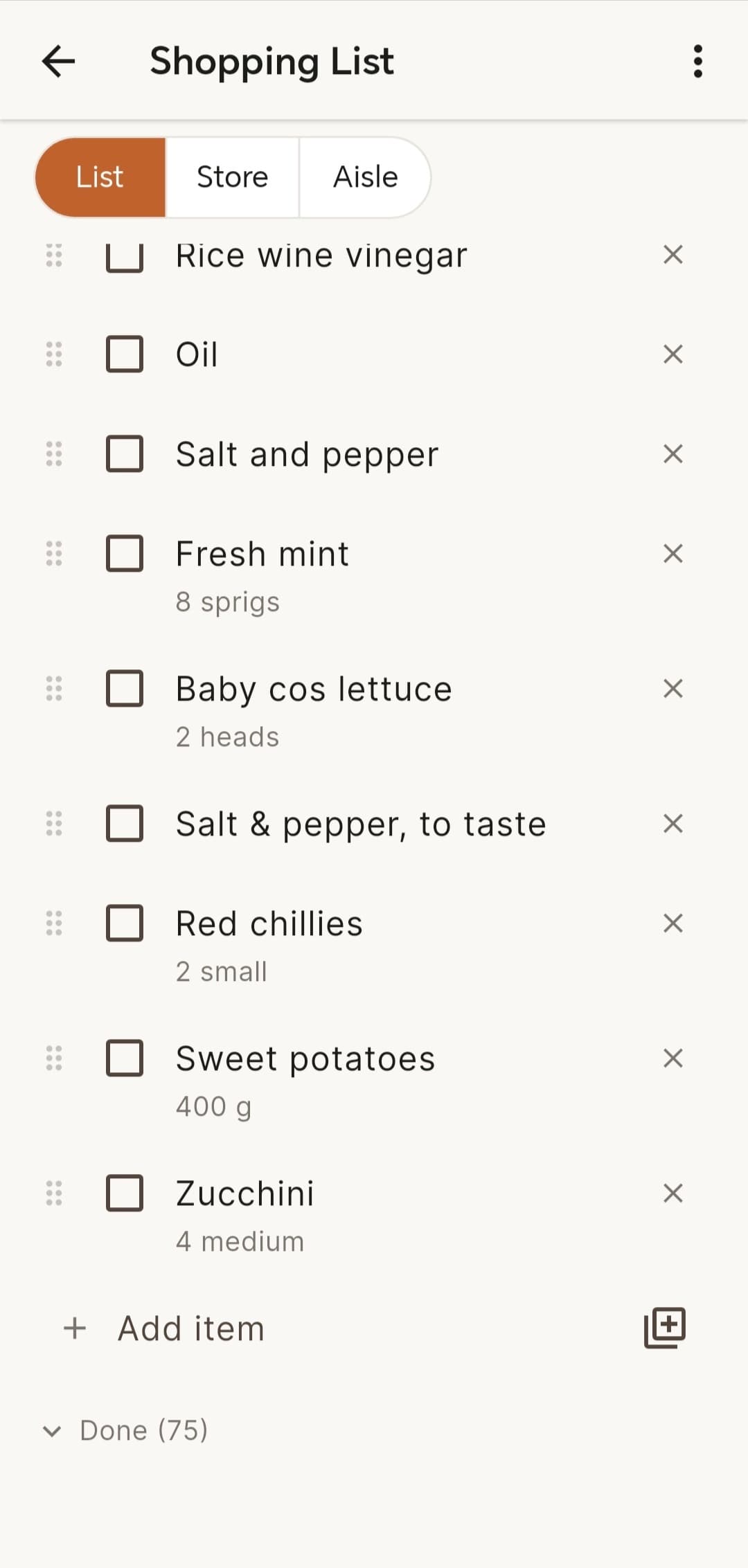 Crumbs shopping list in List view