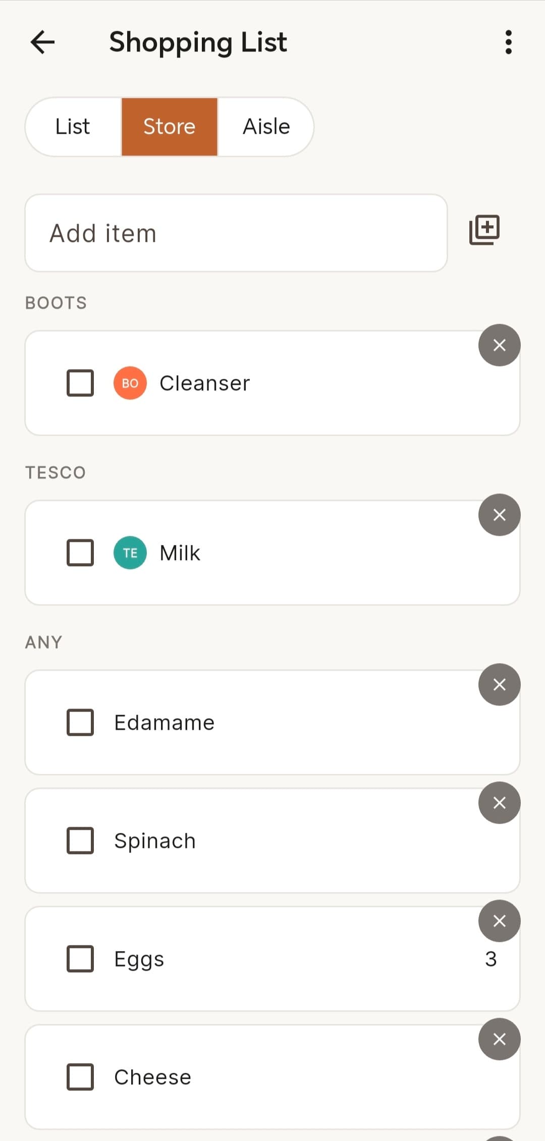 Crumbs shopping list grouped by store