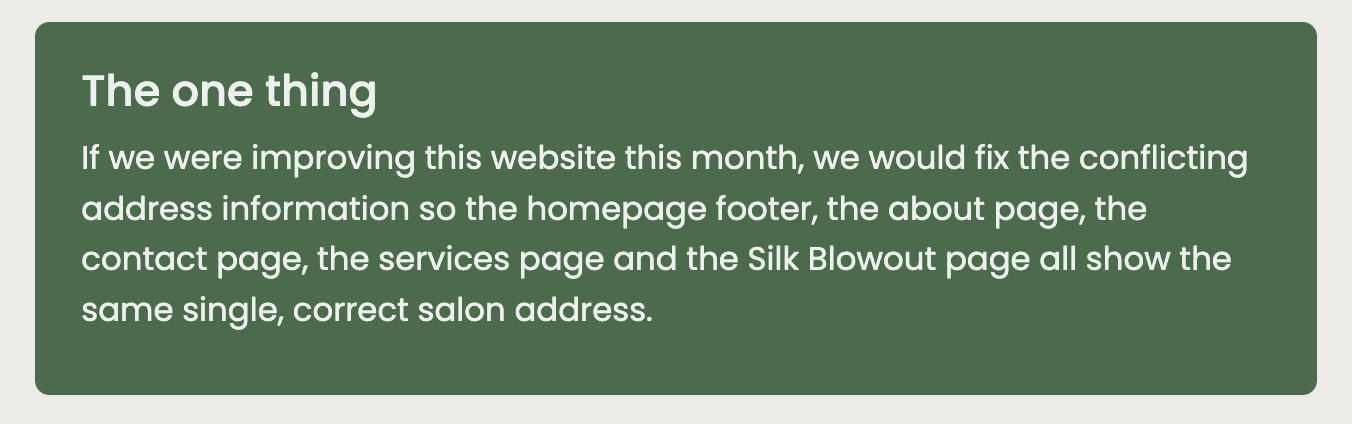 SiteSpruce V2 report excerpt: The One Thing to prioritise for Salonix