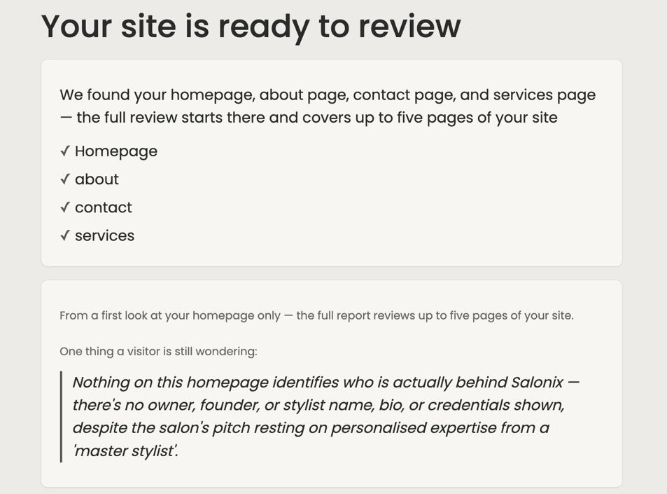 SiteSpruce V2 free-check preview showing the pages found on Salonix and a sample visitor-gap finding