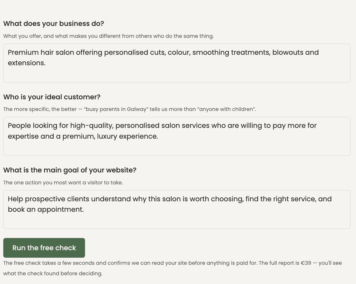 SiteSpruce V2 questionnaire showing ideal-customer and website-goal answers for Salonix, plus the Run the free check button