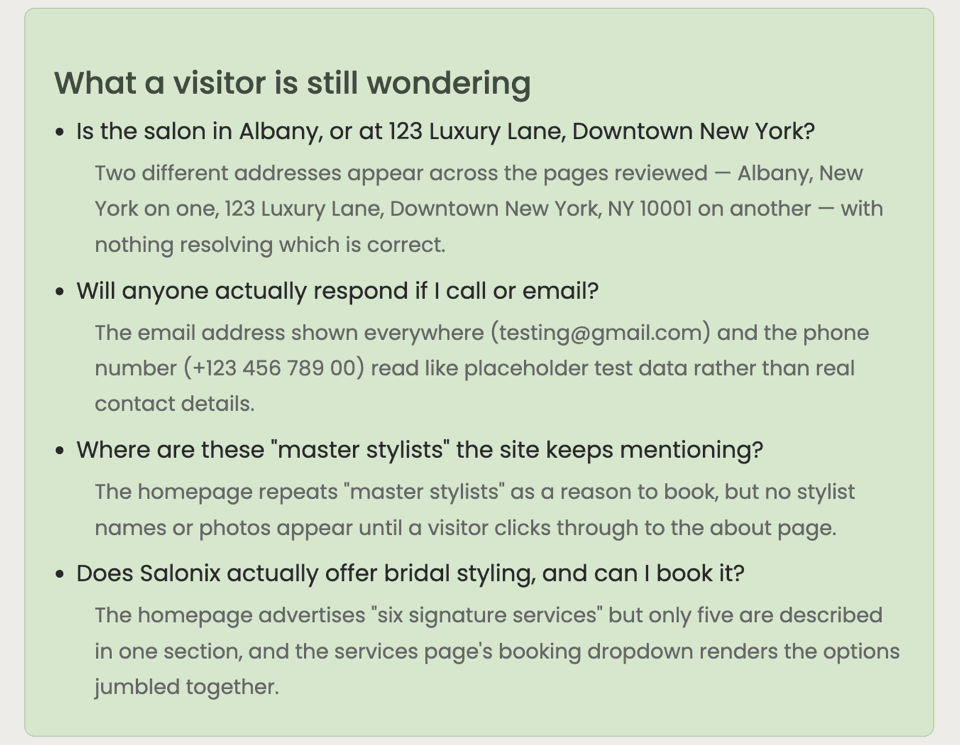 SiteSpruce V2 report section listing what a Salonix visitor is still wondering, with supporting evidence for two questions